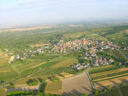 Blick nach Westen �ber Burkheim zum Rhein mit dem Radweg am Rheindamm