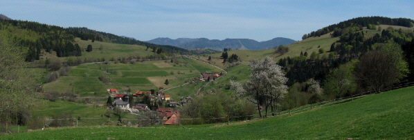 Blick nach Osten von der Passh�he "Eck 849 m" auf Neuenweg am 29.4.2010 zur Passh�he Hau (Mitte)