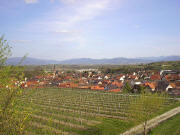 Blick nach Osten auf Eichstetten und zum Kandel und Feldberg (rechts) am 16.4.2004