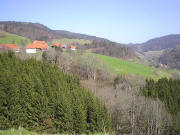 Blick nach Osten auf Vorderholz (links) und die zwei H�fe von Hinterholz (rechts)