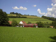 Blick nach Westen �ber den Gallibauernhof am 4.8.2005 - oben am Steilhang wird gem�ht