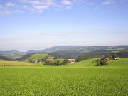 Blick von der Spirzenstrasse nach Norden zu den Schweigh�fen: Pf�ndlerhansenhof und Hansj�rgenhof (rechts) am 10.8.2005