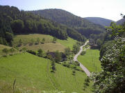 Blick vom Weg vom Kussenhof nach Osten ins Wagensteigtal zu Scheuerhaldenhof (links) und Zimmerei Schwendemann im Juli 2005