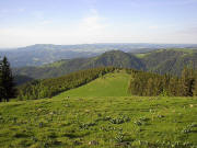 Blick von Tote Mann nach Norden über Heubeermoos-Weide (1115 m) und Zastlertral zu Hinterwaldkopf (rechts 1198 m), Roteck (Mitte 1156 m) und Häusleberg (links 1001 m)