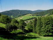 Blick von der Auffahrt zum Wistiesenhof nach Nordwesten �ber Neuenberg (Wehrlehof rotes Dach rechts) und das Haslachtal zum Steinweidenhof (oben links) am 18.8.2006