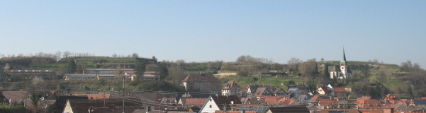 Blick vom Fohberg nach Norden über Bahlingen zur Silberbergschule (links) und Kirche am 2.4.2007