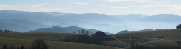 Blick über den Willmen ob St. Peter nach Süden übers Dreisamtal zu Feldberg (links) und Schauinsland (rechts) am 10.2.2008