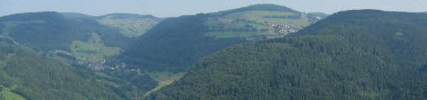 Blick vom Hasenhorn nach Norden auf Todtnauberg (rechts), Aftersteg (Mitte links) und Mugenbrunn-Oberhäuser (oben) am 28.7.2006