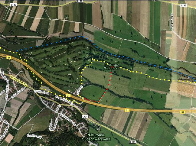 Alter Rad- und Fu�weg (gelb), Umleitung nach Sperrung des Kr�ttwegs (rot) und geplanter Weg entlang der Dreisam (blau) zwischen Ebnet (Wasserwerk oben links) und Zarten (oben rechts)