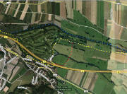 Alter Rad- und Fu�weg (gelb), Umleitung nach Sperrung des Kr�ttwegs (rot) und geplanter Weg entlang der Dreisam (blau) zwischen Ebnet (Wasserwerk oben links) und Zarten (oben rechts)