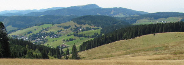 Tele-Blick vom St�benwasen �ber Todtnauberg zu Belchen (Mitte oben) und Oberh�user (rechts) am 9.9.2009