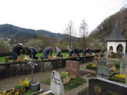 Zehn R�tschen am 3.4.2010 auf der Friedhofsmauer in Ebnet