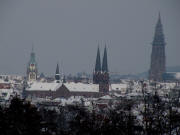 Blick nach Norden vom Lorettoberg zu Münster, Martinstor und Johanniskirche am 12.2.2010 bei Schneetreiben