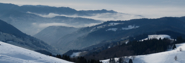 Blick von Schauinsland nach Süden am 20.1.2010 über Stohren und Münstertal zum nebligen Rheintal