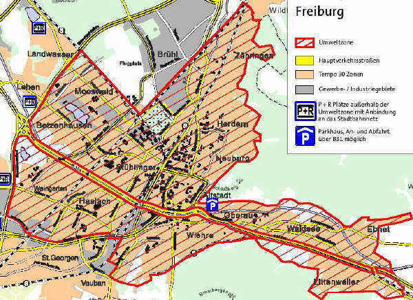 Umweltzone in Freiburg rot schraffiert